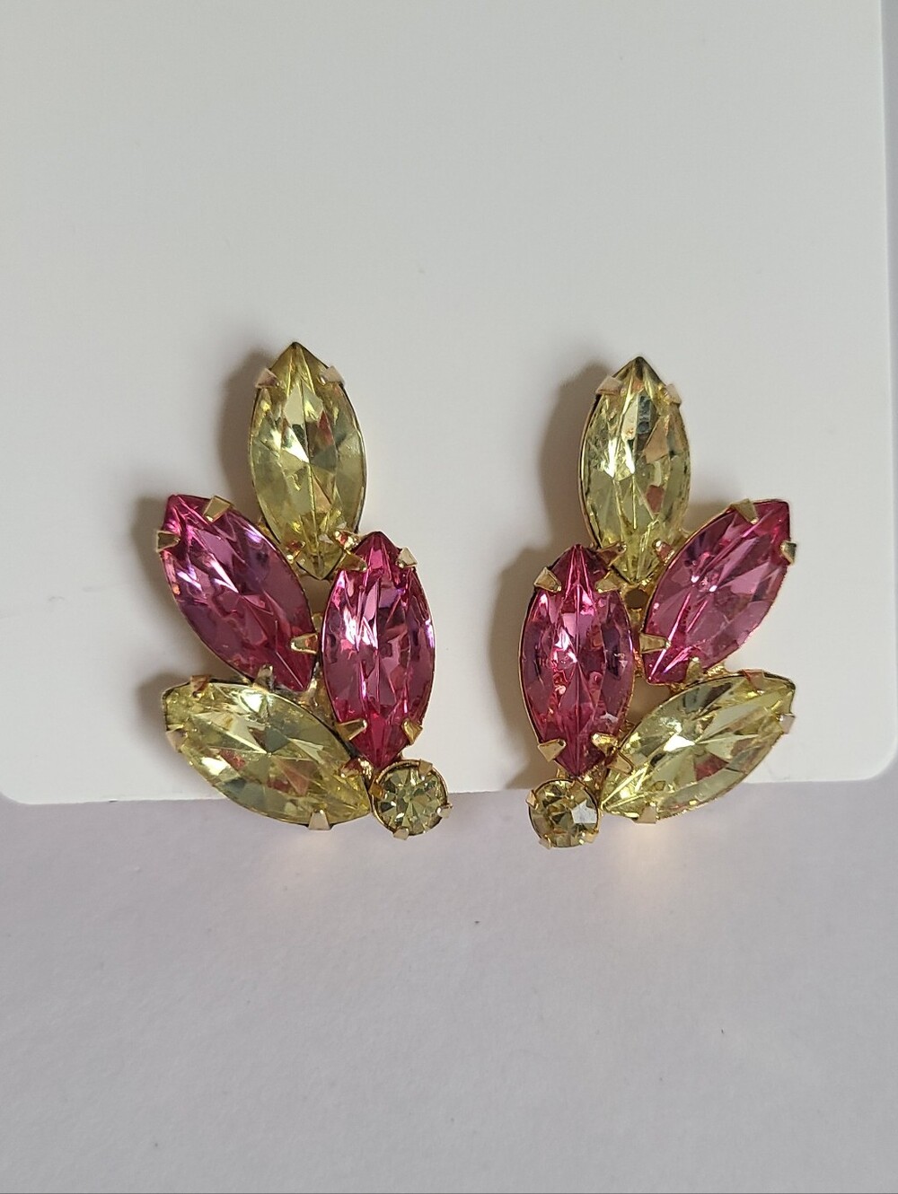 Vintage Colourful Yellow Pink Rhinestone Crystal Leaf Evening Clip-On Earrings